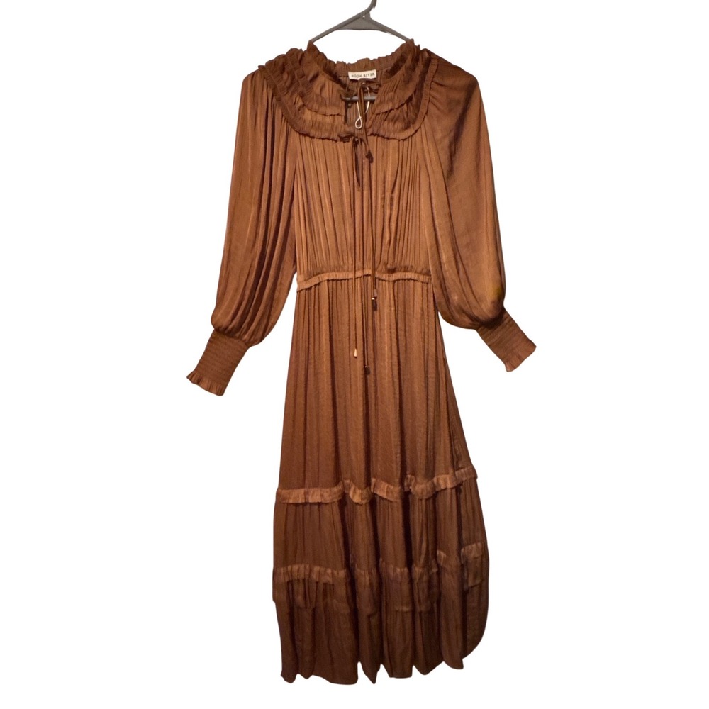 Moon River Copper Brown Crinkle Maxi Prairie Dress Ruffle Neck Smocked Cuff XS